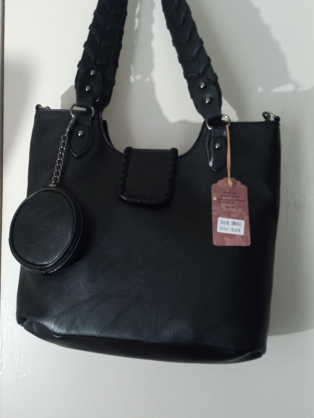 NWT Black Shoulder Bag with Round Coin Pouch Vegan Friendly Faux Leather